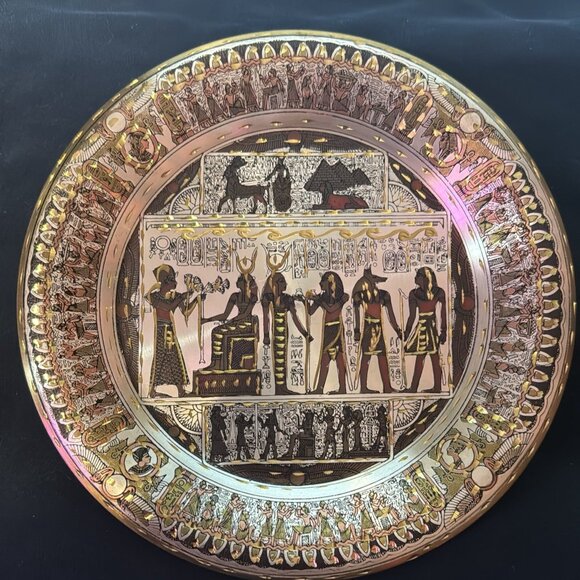 Egyptian Etched Art Solid Brass  & Copper Plate W/ Pharaoh Scene And Map - Picture 1 of 7